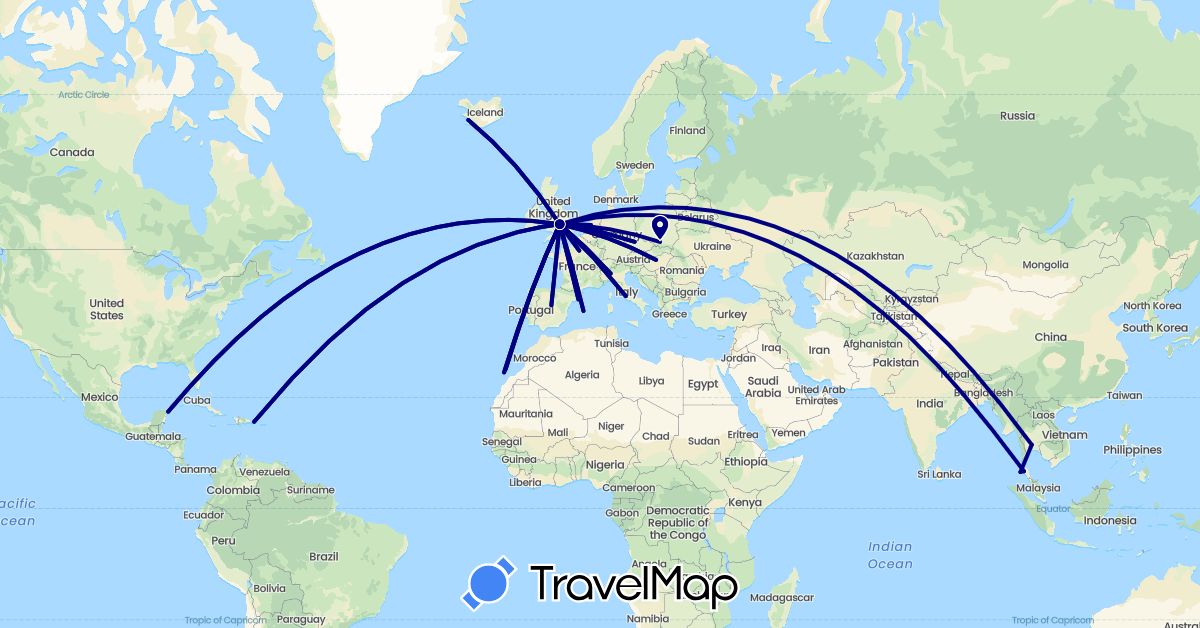 TravelMap itinerary: driving in Czech Republic, Dominican Republic, Spain, France, United Kingdom, Hungary, Iceland, Italy, Mexico, Netherlands, Poland, Thailand (Asia, Europe, North America)